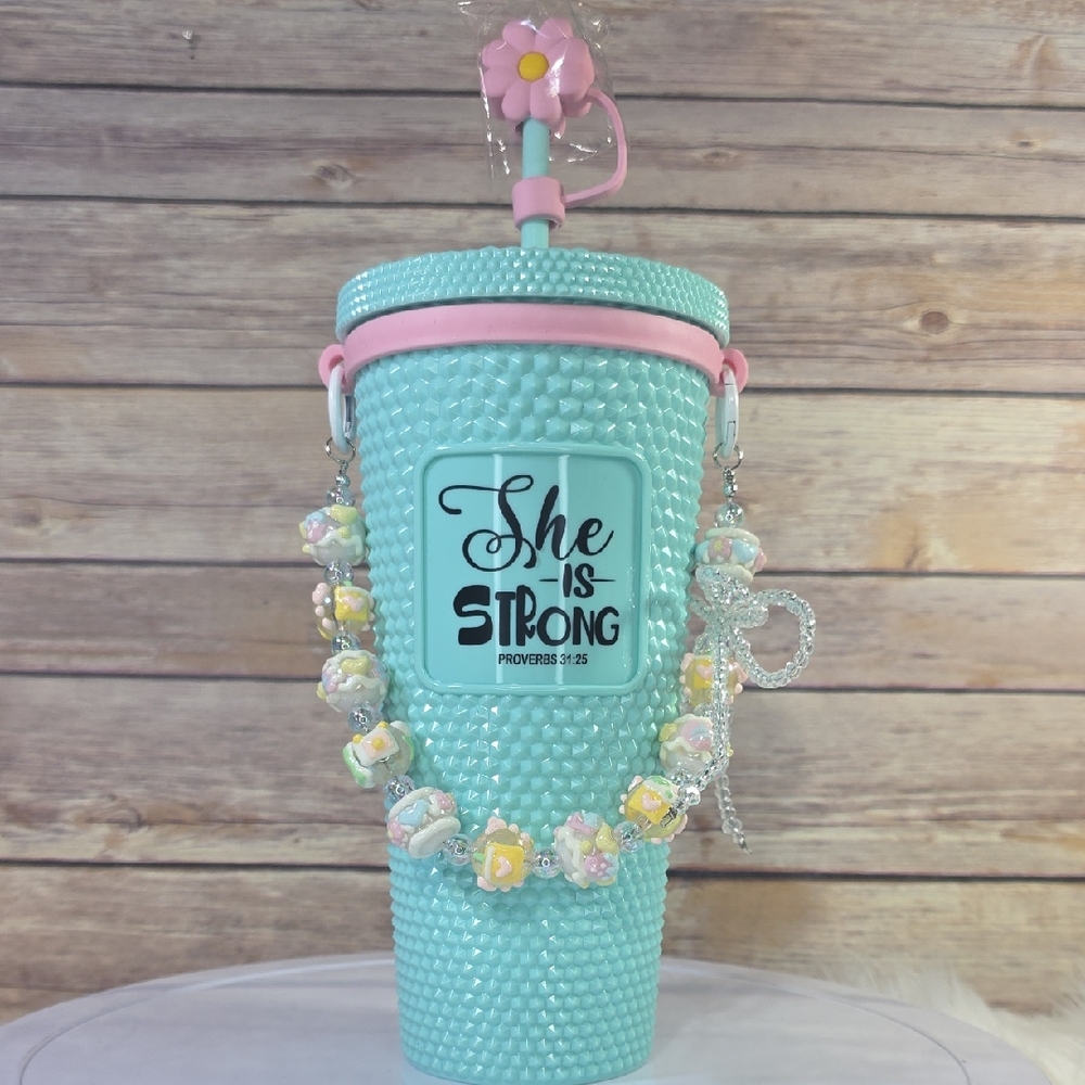 She Is Strong Aqua Studded Tumbler with Pink Trim
